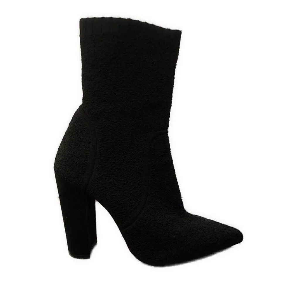 Topshop Women’s Solid Black Textured Pointed Toe Block Heel Sock Booties Boots 8